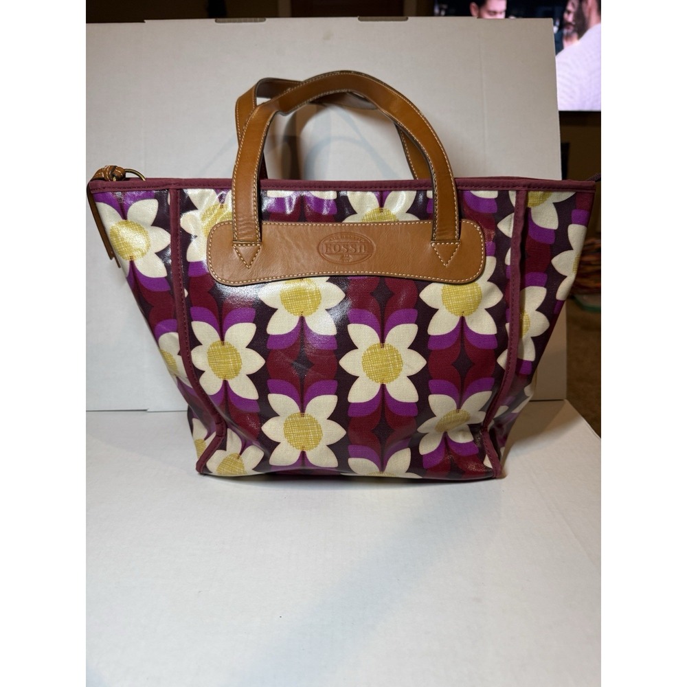 Fossil Tote Bag Floral PVC Coated Canvas Leather Trim Purple Yellow White Flower